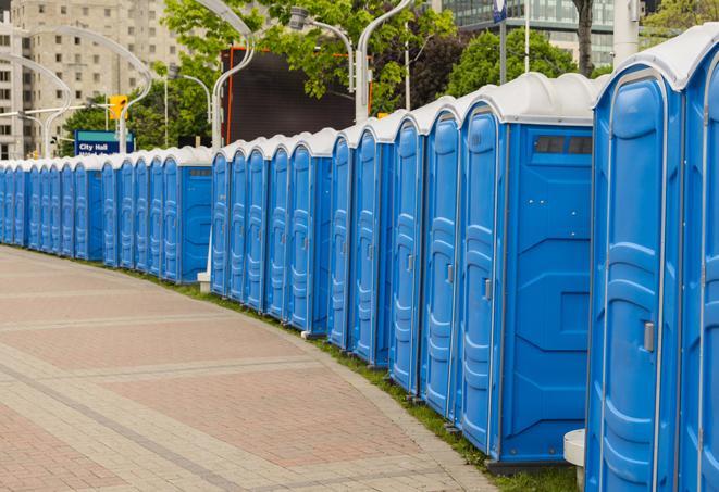 Seasonal porta potty units set up at a Saint Charles, Missouri venue